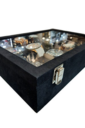 Saat Kutusu 9'lu Takı Bölmeli Alcantara Siyah