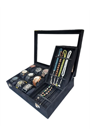 Saat Ve Tesbih Kutusu 9+ Tesbih Bölmeli Alcantara Siyah