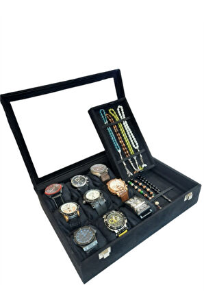 Saat Ve Tesbih Kutusu 9+ Tesbih Bölmeli Alcantara Siyah