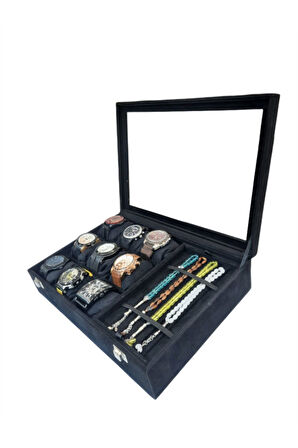 Saat Ve Tesbih Kutusu 9+ Tesbih Bölmeli Alcantara Siyah