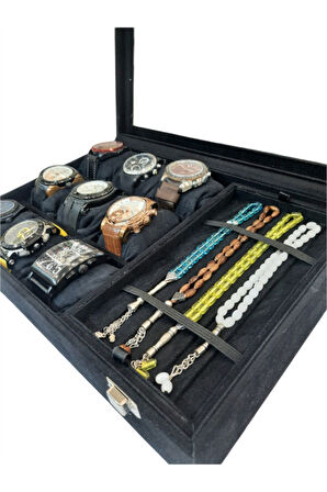 Saat Ve Tesbih Kutusu 9+ Tesbih Bölmeli Alcantara Siyah