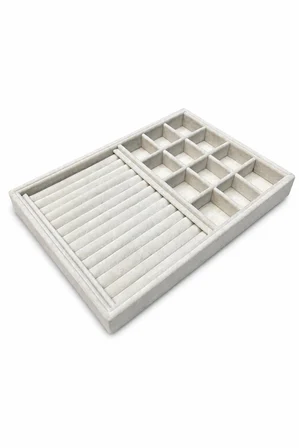 Takı Tablası Kombin Model – Ahşap Üzeri Krem Süet Kaplama 25x36 cm