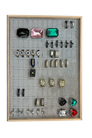 El Yapımı Ahşap Çerçeveli Alcantara Kaplama Yüzük Takı Teşhir Tablasi (34,5x24,5x3,5cm) Ahşap Gri