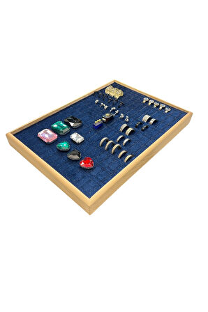 El Yapımı Ahşap Çerçeveli Alcantara Kaplama Yüzük Takı Teşhir Tablasi (34,5x24,5x3,5cm) Ahş Lacivert