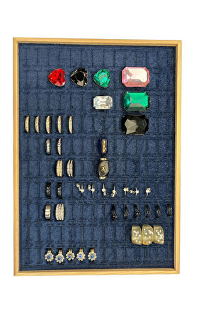 El Yapımı Ahşap Çerçeveli Alcantara Kaplama Yüzük Takı Teşhir Tablasi (34,5x24,5x3,5cm) Ahş Lacivert