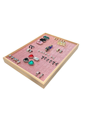 El Yapımı Ahşap Çerçeveli Alcantara Kaplama Yüzük Takı Teşhir Tablasi (34,5x24,5x3,5cm) Ahşap Pembe