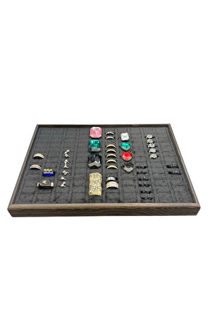 El Yapımı Ahşap Çerçeveli Alcantara Kaplama Yüzük Takı Teşhir Tablasi (34,5x24,5x3,5cm) Ahşap Siyah