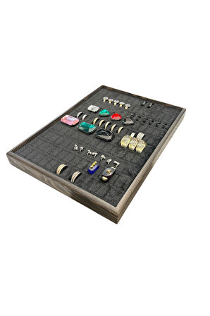 El Yapımı Ahşap Çerçeveli Alcantara Kaplama Yüzük Takı Teşhir Tablasi (34,5x24,5x3,5cm) Ahşap Siyah