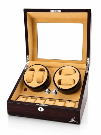 Watch Winder Brooklands Collection 4 Slotlu Ultra Sessiz Otomatik Saat Kurma Kutusu (+6 Muhafaza Alanlı, Piano Ebony & Alcantara Kahve)