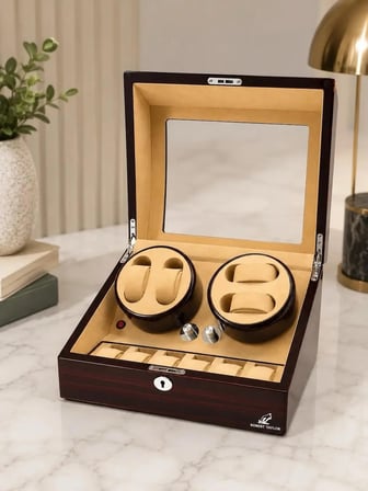 Watch Winder Brooklands Collection 4 Slotlu Ultra Sessiz Otomatik Saat Kurma Kutusu (+6 Muhafaza Alanlı, Piano Ebony & Alcantara Kahve)