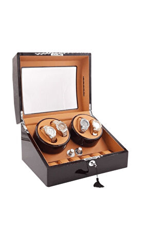 Otomatik Saat Kurma Kutusu (winder) Piano Brown 4+6 Kahve Içi Taba Led Işık Sistemli