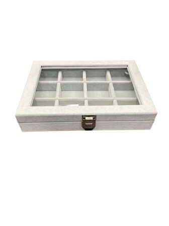 Cam Kapaklı Çok Bölmeli Takı Organizer Kutusu- Alcantara Gri