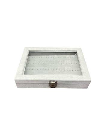 Cam Kapaklı Çok Bölmeli Küpe Organizer Kutusu- Alcantara Gri