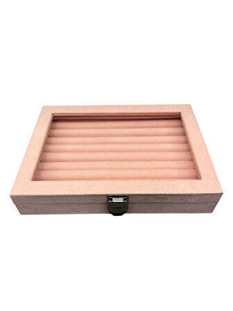 Cam Kapaklı Çok Bölmeli Sosis Model Takı Kutusu -Toz Pembe