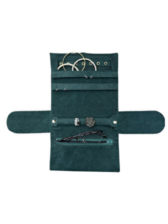 Kadife Takı ve Mücevher Seyahat Rulo Düzenleyicisi – Yeşil 35x20 cm