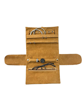 Kadife Takı ve Mücevher Seyahat Rulo Düzenleyicisi – Vizon 35x20 cm