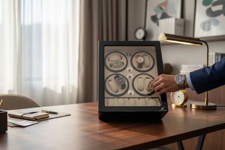 Watch Winder Brooklands Collection 8 Slotlu Ultra Sessiz Otomatik Saat Kurma Kutusu (+5 Muhafaza Alanlı, Piano Siyah & Alcantara Krem)