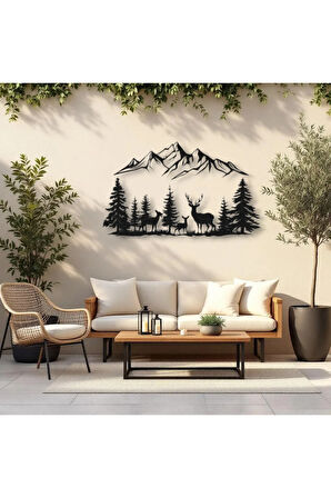 Dağ Manzaralı Geyik Metal Duvar Dekoru – Doğa Temalı Modern Ev Dekorasyonu