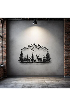 Dağ Manzaralı Geyik Metal Duvar Dekoru – Doğa Temalı Modern Ev Dekorasyonu