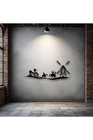 Don Kişot Metal Duvar Dekoru – Atlı Savaşçı ve Değirmen Temalı Sanat Tablosu