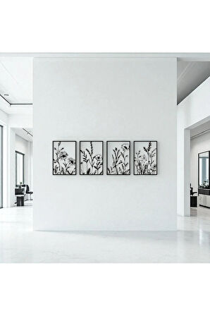 Doğal Çiçek Desenli 4 Parça Metal Duvar Dekoru – Modern Minimalist Sanat Seti