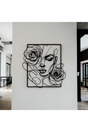 Gül Detaylı Kadın Silüeti Metal Duvar Dekoru – Modern Çizgi Sanatı