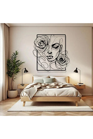 Gül Detaylı Kadın Silüeti Metal Duvar Dekoru – Modern Çizgi Sanatı