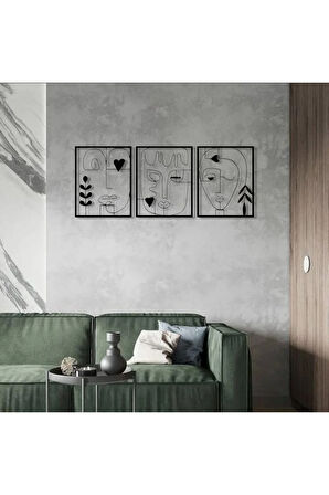 Soyut Yüz Figürü 3 Parça Metal Duvar Dekoru – Modern Minimalist Sanat