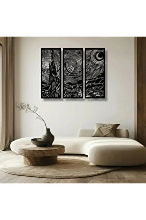 Yıldızlı Gece 3 Parça Metal Duvar Dekoru – Van Gogh Modern Sanat Tasarımı