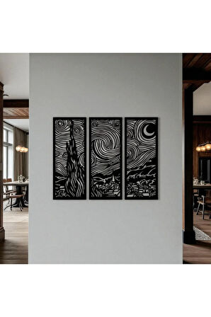 Yıldızlı Gece 3 Parça Metal Duvar Dekoru – Van Gogh Modern Sanat Tasarımı