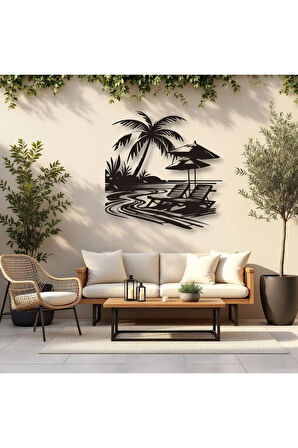 Tropikal Sahil ve Şezlong Metal Duvar Dekoru – Modern Minimalist Yaz Tasarımı