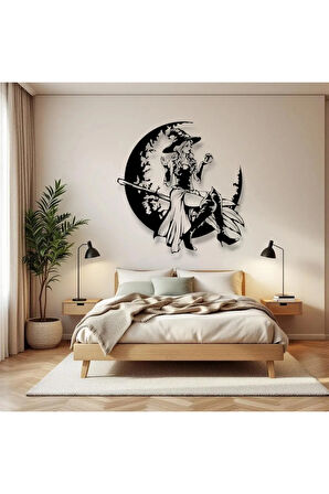 Cadı ve Ay Silüeti Metal Duvar Dekoru – Gotik Sanat ve Halloween Temalı Tasarım