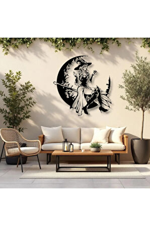 Cadı ve Ay Silüeti Metal Duvar Dekoru – Gotik Sanat ve Halloween Temalı Tasarım
