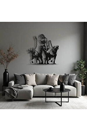Metal Duvar Dekoru – Güçlü Kadın ve Kurtlar Figürü Modern Minimalist Ev Ofis Salon Duvar Aksesuarı