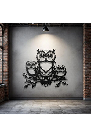 Metal Baykuş Duvar Dekoru – Aile Figürlü Modern Metal Tablo Ev Ofis Salon Dekoratif Duvar Süsü