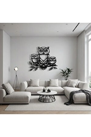 Metal Baykuş Duvar Dekoru – Aile Figürlü Modern Metal Tablo Ev Ofis Salon Dekoratif Duvar Süsü