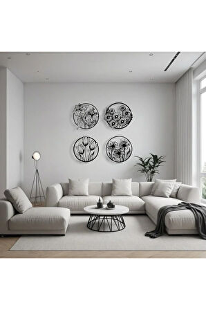 Metal Çiçek Duvar Dekoru Seti – 4 Parça Modern Minimalist Metal Tablo Salon Antre Ofis Dekorasyon
