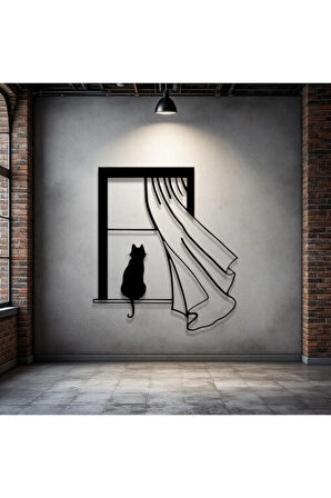 Kedi Figürlü Pencere Metal Tablo – 3D Gölgeli Modern Duvar Dekoru, Ev ve Ofis Hediyesi