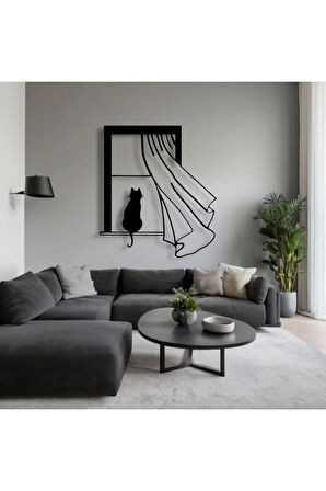 Kedi Figürlü Pencere Metal Tablo – 3D Gölgeli Modern Duvar Dekoru, Ev ve Ofis Hediyesi