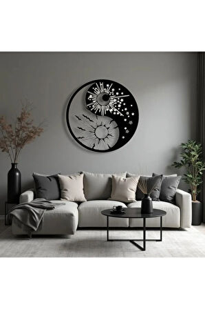 Güneş ve Ay Yin Yang Metal Tablo – 3D Gölgeli Denge Temalı Modern Duvar Dekoru