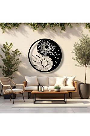 Güneş ve Ay Yin Yang Metal Tablo – 3D Gölgeli Denge Temalı Modern Duvar Dekoru