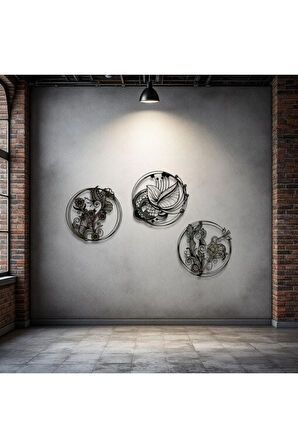 3’lü Dairesel Desenli Metal Tablo Seti – 3D Gölgeli Modern Duvar Dekoru, Şık Ev Hediyesi