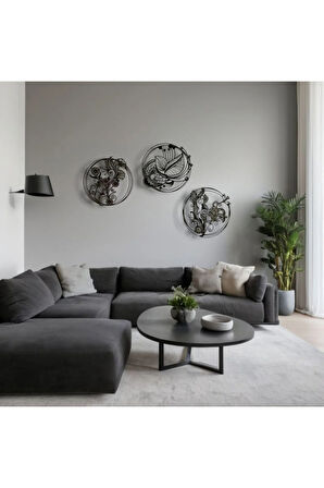 3’lü Dairesel Desenli Metal Tablo Seti – 3D Gölgeli Modern Duvar Dekoru, Şık Ev Hediyesi