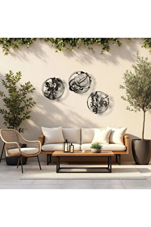 3’lü Dairesel Desenli Metal Tablo Seti – 3D Gölgeli Modern Duvar Dekoru, Şık Ev Hediyesi