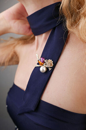 Kuş Broş | İncili ve Beyaz Zirkon Taşlı