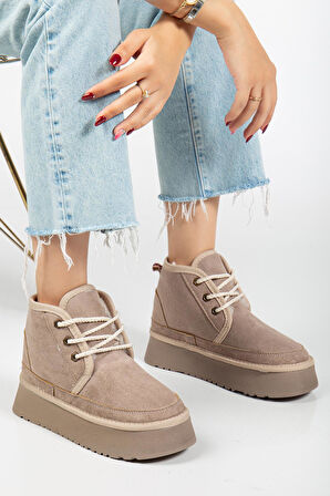 Suins Stein Model İçi Komple Kürklü Bağcıklı Siyah Taba Ten Kadın Bot