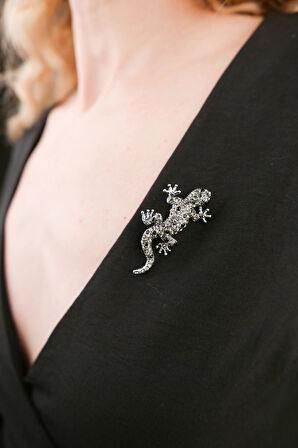 Siyah Zirkon Taşlı Kertenkele Broş