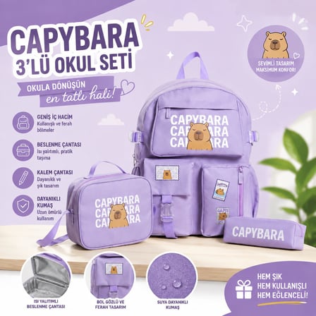 Capybara Desenli 3 Parça İlkokul Ortaokul Çanta Seti Sırt Çantası Beslenme Çantası Kalemlik