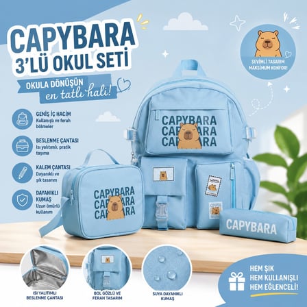 Capybara Desenli 3 Parça İlkokul Ortaokul Çanta Seti Sırt Çantası Beslenme Çantası Kalemlik