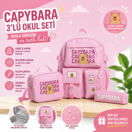 Capybara Desenli 3 Parça İlkokul Ortaokul Çanta Seti Sırt Çantası Beslenme Çantası Kalemlik